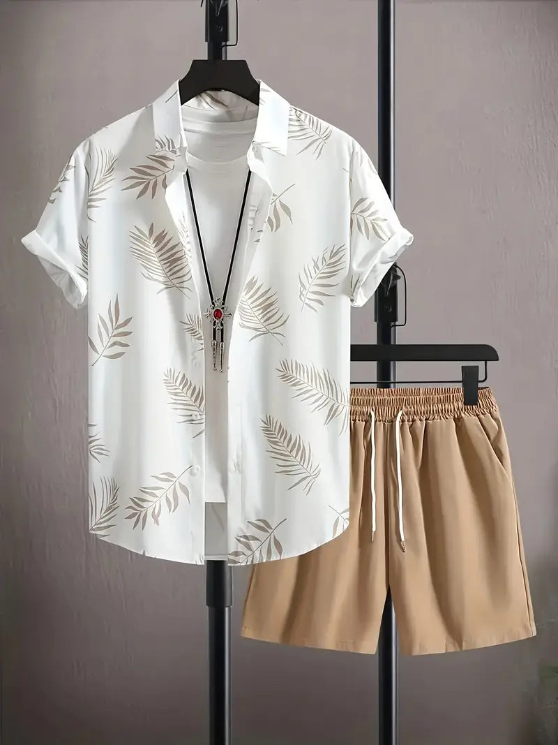 Arvid | Tropisch Zomer Set met Bladerenprint – Overhemd & Shorts voor Mannen
